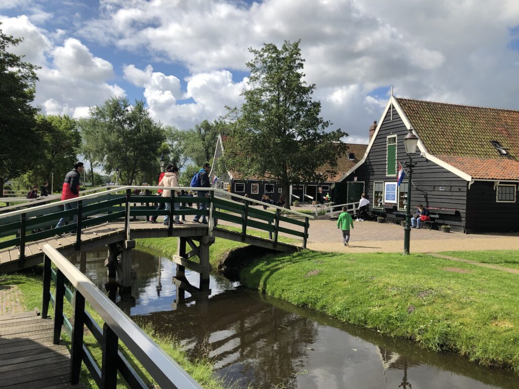 The Zaanse Schans national monumental wooden buildings and industrial mills.